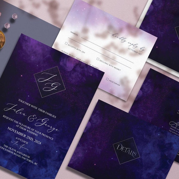 Ether Wedding Invitation Suite, Starry Night Wedding Suite, Galaxy Theme, Cosmic Wedding Suite, Space Themed Wedding, Purple Starry Night