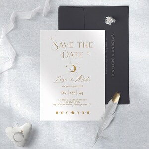 Minimalist Celestial Save the Date, White and Gold Invite, Moon and Stars Theme, Moon Phases, Under the Stars Union, White Celestial Wedding image 2