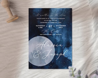 Celestial Invitation, Blue Watercolor Full Moon Invitation, Starry Night Wedding, Celestial Shower Invitation, Navy Blue Invitation