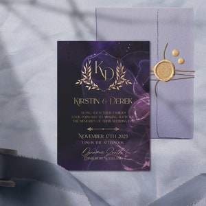 Empire Purple Invitation, Purple Watercolor Invite, Laurel Leaf Wreath, Purple and Gold Invitation, Moody Wedding Invitation, Royal Amethyst