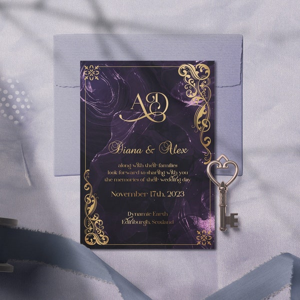 Royal Purple Invitation, Deep Violet Watercolor and Gold, Purple Marble Invitation, Dark Moody Renaissance Wedding, Fairytale Amethyst