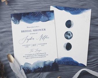 Celestial Shower Invite, Blue Watercolor Moon Invitation, Starry Night Bridal Shower, Boho Stars and Moon Shower, Blue Invitation Birthday