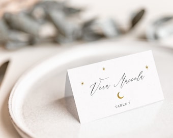 Minimalist Celestial Place Cared, Moon and Stars, Under the Moon, Folded Cards, Seating Arrangement Cards, Reception Escort Cards, UTMW