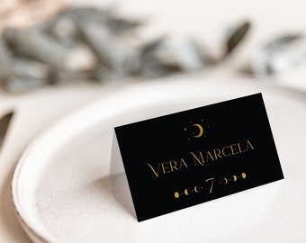 Minimal Celestial Place Card Template, Moon and Stars Folded Guest Cards, Starry Night Seating Cards, Black and Gold Reception Cards