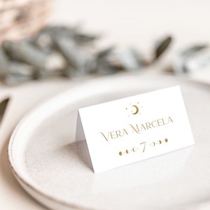 Minimal Celestial Place Card Template, Moon and Stars Folded Guest Cards, Under the Stars Seating Cards, White and Gold Reception Cards