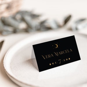 Minimal Celestial Place Card Template, Moon and Stars Folded Guest Cards, Starry Night Seating Cards, Black and Gold Reception Cards