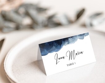 Celestial Place Card Template, Blue Watercolor Foldable Cards, Seating Arrangement Cards, Reception Escort Cards, CELBLU