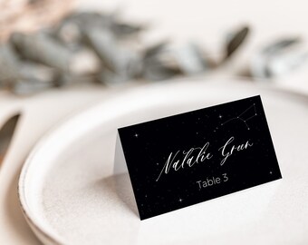 Black Celestial Place Card Template, Seating Arrangement Foldable Cards, Reception Escort Cards Astrology Theme, Star Constellations, MBC