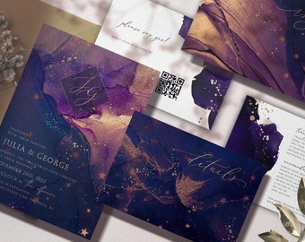 Abstract Galaxy Wedding Suite, Deep Purple Watercolor and Gold, Starry Night, Stargazer theme, Plum Burgundy Liquid Smoke Effect, Galaxia