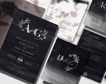 Gothic Wedding Suite, Black Watercolor, Moody Wedding Invitation Set, Dark Monochrome Wedding Suite Invitation, Nontraditional, Darkdalia