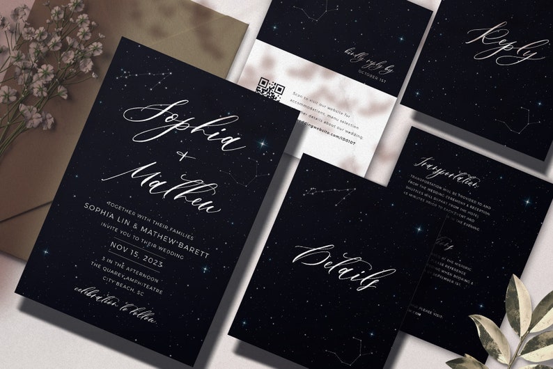 Black Celestial Wedding Suite Astrology Black Invitation Suite Starry Night Zodiac Constellations Galaxy Stargazer Wedding