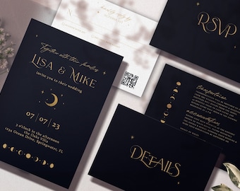 Minimal Celestial Wedding Suite, Black & Gold Invite, Moon and Stars Theme, Moon Phases, Starry Night Aesthetic, Black Celestial Wedding