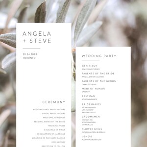 Puede incluir: Programa de boda elegante con los nombres de Angela y Steve, la fecha 14.10.2023 y la ubicación Toronto. El programa detalla la ceremonia y enumera a los miembros de la fiesta de bodas, incluyendo el oficiante y las damas de honor.