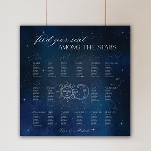 Celestial Zodiac Seating Plan, Sun and Moon, Sol & Luna, Wedding Seating Chart, Astrology Star Constellations, Blue Night Sky, Star Map, ZCW