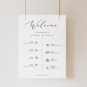May include: A white wedding sign with the word "Welcome" in elegant script. The sign lists the wedding schedule for Avery & Paul, including ceremony, cocktails, party time, and sparkler send-off. The date is August 11, 2023.