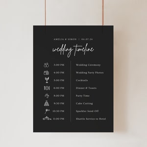 Pode incluir: Um quadro negro com um cronograma de casamento com texto e ícones brancos. O quadro inclui os nomes "Amelia & Simon" e a data "04.07.24". A linha do tempo lista eventos como a cerimônia de casamento, coquetéis e corte do bolo.