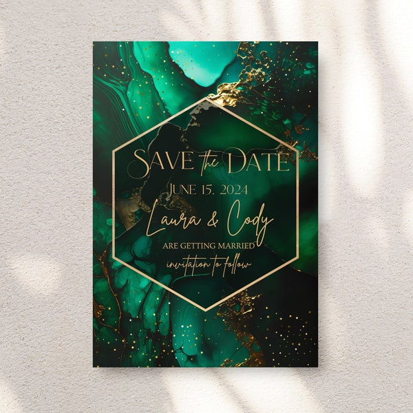 Emerald Green Watercolor Save the Date Cards, Jade Wedding, Geode Invitation, Green and Gold Invitation, Jewel Tone Wedding, Verde