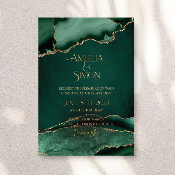 Emerald Green Watercolor Wedding Invitations, Jade Wedding, Geode Invitation, Green and Gold Invitation, Jewel Tone Wedding, Verde