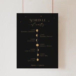 Minimal Celestial Timeline Sign, Moon and Stars, Order of Events Schedule, Moon Phases Wedding Itinerary Sign, Black Wedding Reception Signs