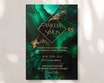 Emerald Green Watercolor Wedding Invitations, Jade Wedding, Geode Invitation, Green and Gold Invitation, Jewel Tone Wedding, Verde