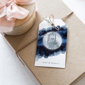 Celestial Moon Tags, To the Moon and Back, Wedding Favors, Guest Favors, Astronomy Theme, Dark Blue Watercolor Tags, Moon and Stars, CELBLU