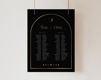 Modern Celestial Seating Sign, Banquet Table Seating, Black and Gold, Moon Phases Seating, Arched Sign, Long Table Seating, Moon and Stars