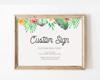 Custom Sign, Tropical Paradise Theme, Palm Tree Leaves, Editable Template, TPB