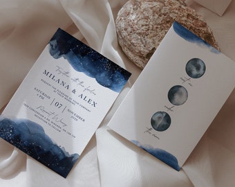 Celestial Wedding Invite, Blue Watercolor Moon Invitation, Starry Night Wedding, Boho Stars and Moon Shower, Written in the Stars, CELBLU