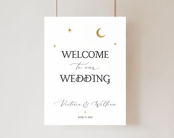 Minimal Celestial Welcome Sign, Under the Stars Theme, Sign with Stars, Moon and Stars Large Sign, Celestial Wedding Reception Signs, UTSW