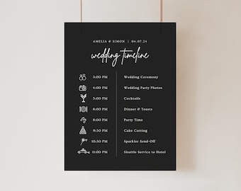 Placa para itinerário de casamento, ordem dos eventos, cavalete com cronograma de casamento, placa de programação simples e minimalista, placas pretas para recepção de casamento.