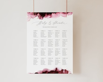 Crimson Cherry Seating Chart, Wine Spill Watercolor, Dark Moody Guest Seating Board, Burgundy Wedding Reception Sign, Calligraphy Font, BURG