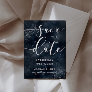 Celestial Zodiac Save the Date, Astrology Constellations Wedding, Moody Dark Invitation, Dark Blue Calligraphy Invite, ZCW