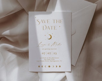 Minimalist Celestial Save the Date, White and Gold Invite, Moon and Stars Theme, Moon Phases, Under the Stars Union, White Celestial Wedding