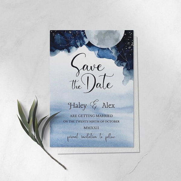 Celestial Save the Date, Blue Watercolor Moon Invitation, Starry Night Wedding, Boho Stars and Moon Shower, Written in the Stars, CELBLU