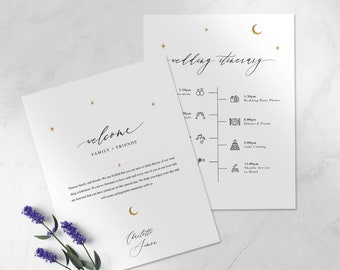 Minimal Celestial Welcome Letter & Itinerary Template, Wedding Order of Events, Welcome Bag Event Timeline, Modern Calligraphy Font, UTMW