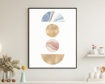 Geometric Shapes, Abstract Art Print, Modern Minimalist Art Poster, Agate Moon Crescent Art Poster, Gold Elements Art Poster, Half Circles