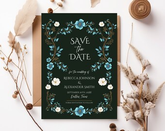 Dark Floral Save the Date, Blue Floral Wedding Invite, Wildflowers Save the Date, Floral Invite Template, Spring Flowers, Whimsical Garden