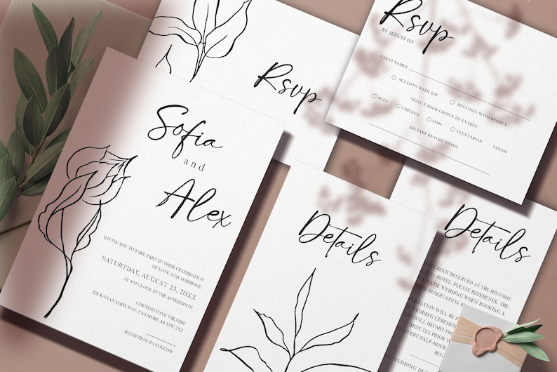 Botanical Minimalist Wedding Invitation Template Set, Elegant Floral Wedding Invitation Template Download, Printable Invitation Set, Sofia image 1