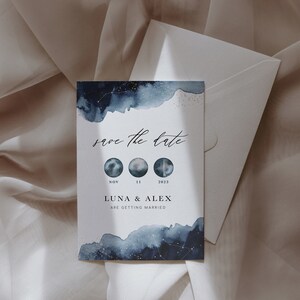 Celestial Save the Date Card, Blue Watercolor Wedding Invitation, Starry Night Boho Design (Digital Download)