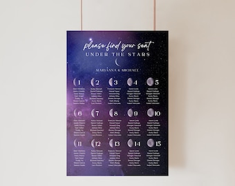 Starlight Seating Chart, Starry Night Wedding Sign, Celestial Wedding Decor, Purple Galaxy, Moon Wedding Decor, Celestial Seating