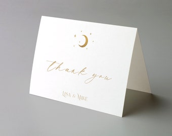 Minimal Celestial Thank You Card, Moon and Stars Card, Starry Night Wedding Theme, White and Gold  Thank You Cards