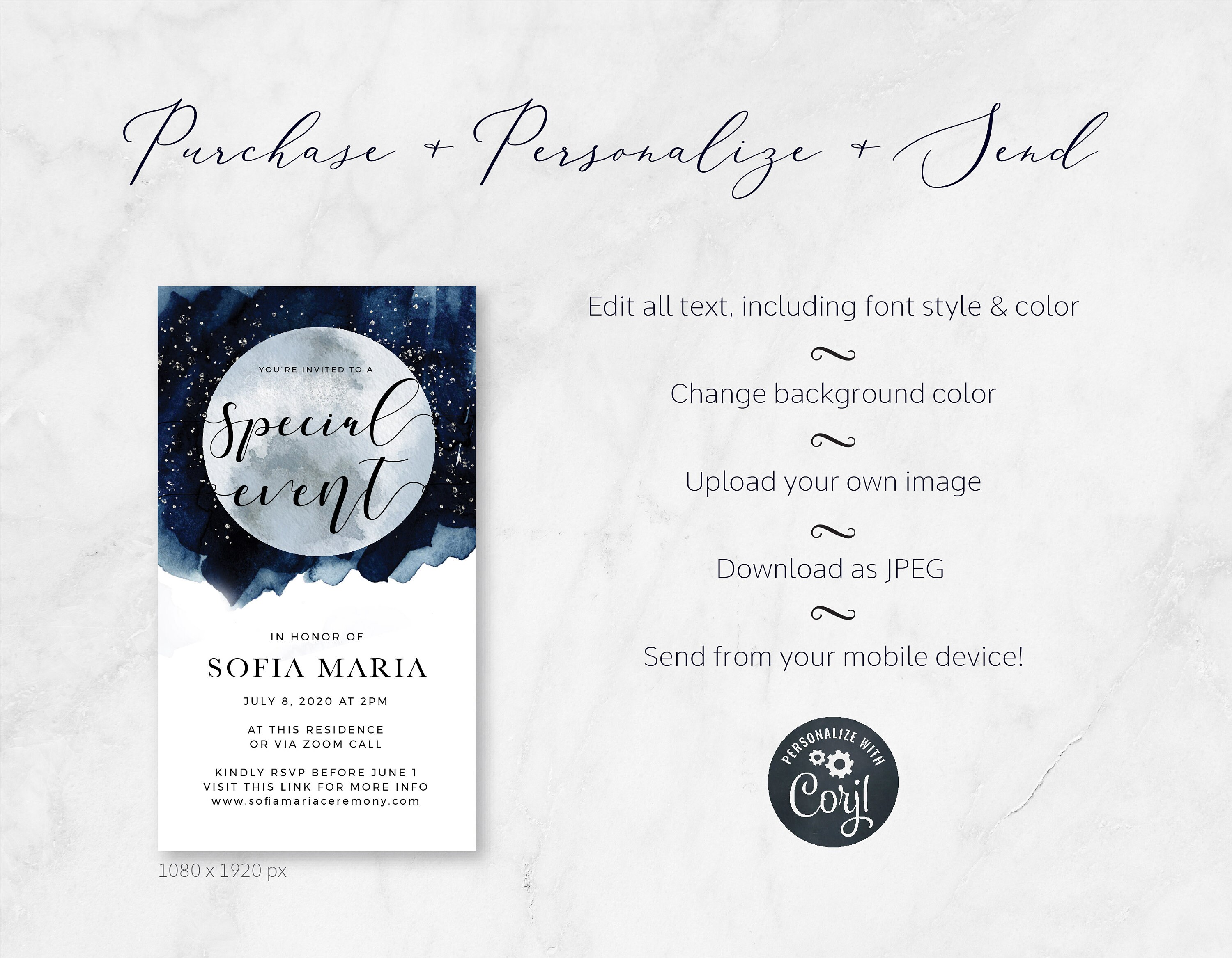 Full Moon Ritual Invitation Celestial Moon Digital Invite, Blue Watercolor Full Moon Invitation ...
