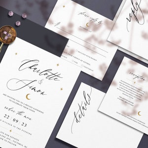 Minimal Celestial Wedding Suite, Under the Moon, Gold Stars and Moon Crescent, Stars and Moon theme Starry Night, Invitation Bundle, UTMW