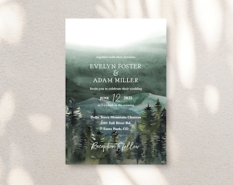 Sage Green Watercolor Invitation, Mountains Wedding Invitation, Rustic Invitation, Enchanted Forest, Woodland Wedding, Terra