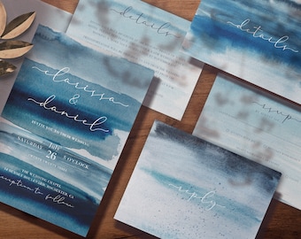 Capri Wedding Suite, Modern Coastal Wedding Invitation, Ocean Blue Invitation Set, Destination Wedding Invitation Suite, Editable Template
