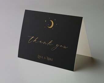 Black Celestial Thank You Card, Moon and Stars Card, Starry Night Wedding Theme, Black and Gold  Thank You Cards