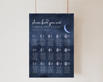 Moonlight Seating Chart,  Blue Watercolor Night Sky, Celestial Seating, Starry Night Wedding, Celestial Wedding Decor, Moon Wedding Seating