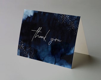 Celestial Thank You Card, Celestial Wedding, Thank You Note, Printable Wedding Thank You, Dark Blue Watercolor, Blue Thank You Card, celblu