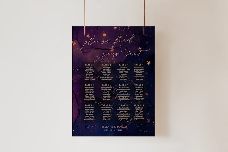 Abstract Galaxy Seating Plan, Wedding Seating Chart, Dark Purple ...