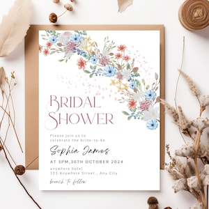 Spring Bridal Invitation, Bridal Shower Invite Floral, Floral Invitation, Colorful Spring Floral Invite Template, Wildflowers Invitation image 1